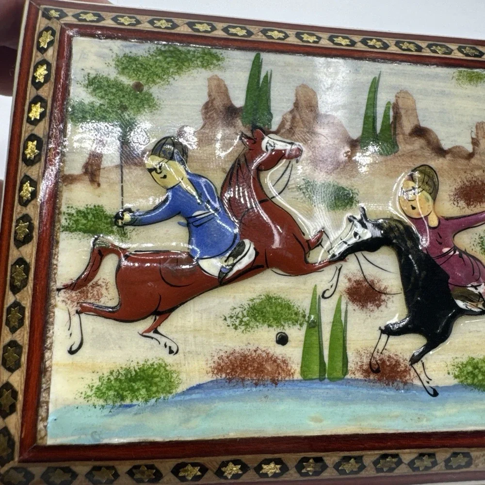 Persian Khatam Wood Trinket Box Hand Made Inlaid With Hunting Scenes On Lid